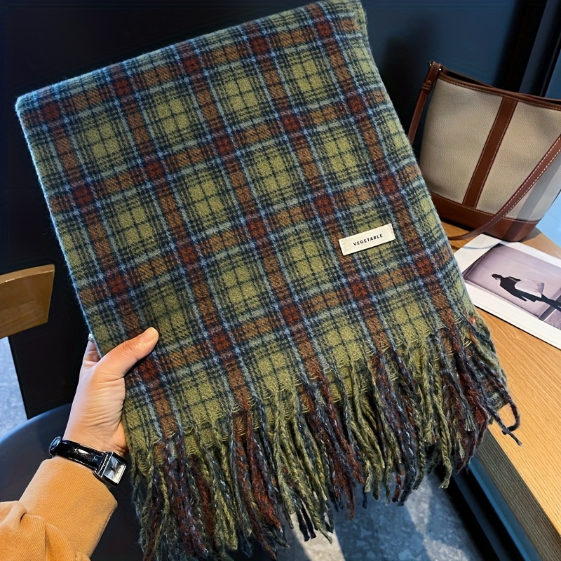 Vintage Green Plaid Tassel Sca - Shawl Wrap Winter avaliação e preço