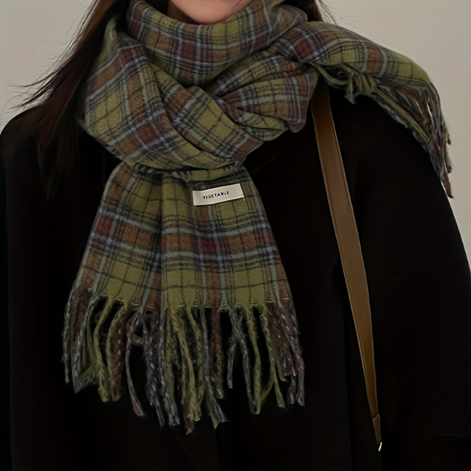 Vintage Green Plaid Tassel Sca - Shawl Wrap Winter avaliação e preço