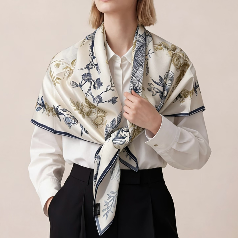 [BYSIFA] Blue White 100% Silk  - Shawl Wrap Winter avaliação e preço