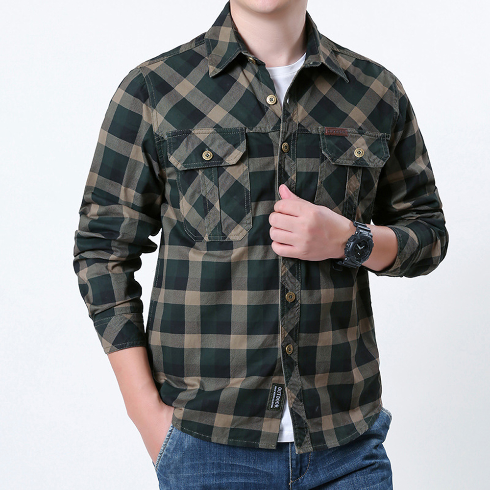 Spring Autumn Men's Cotton Pla - Flannel Shirt Lined avaliação e preço
