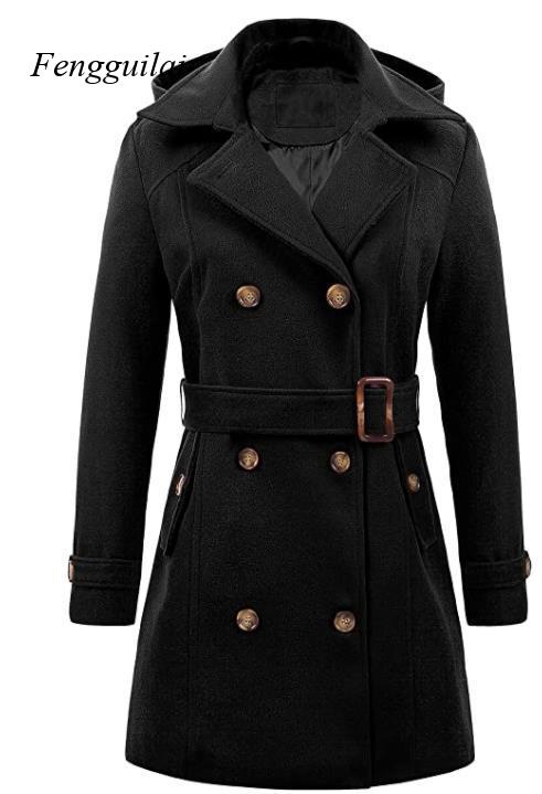 Women's Black Hooded Double Br - Wool Coat Peacoat avaliação e preço