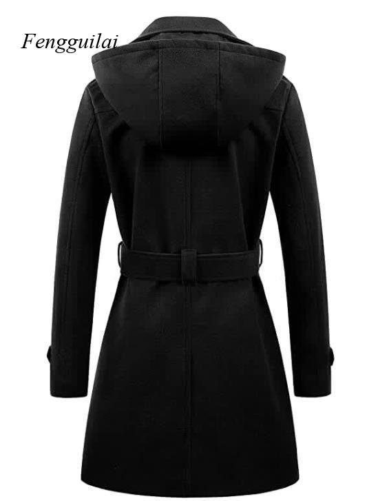 Women's Black Hooded Double Br - Wool Coat Peacoat avaliação e preço