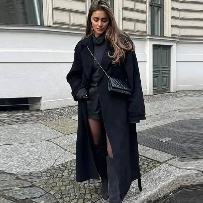 Elegant Grey Belt Long Faux Wo - Wool Coat Peacoat avaliação e preço